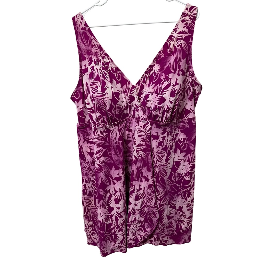 Swimsuits Forâ All Magenta Floral Swim Dress Plus Size 24 Tropical V-Neck 88842